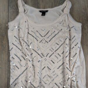 White House Black Market Top Womens Large Cream Sleeveless Sequin Bead Print